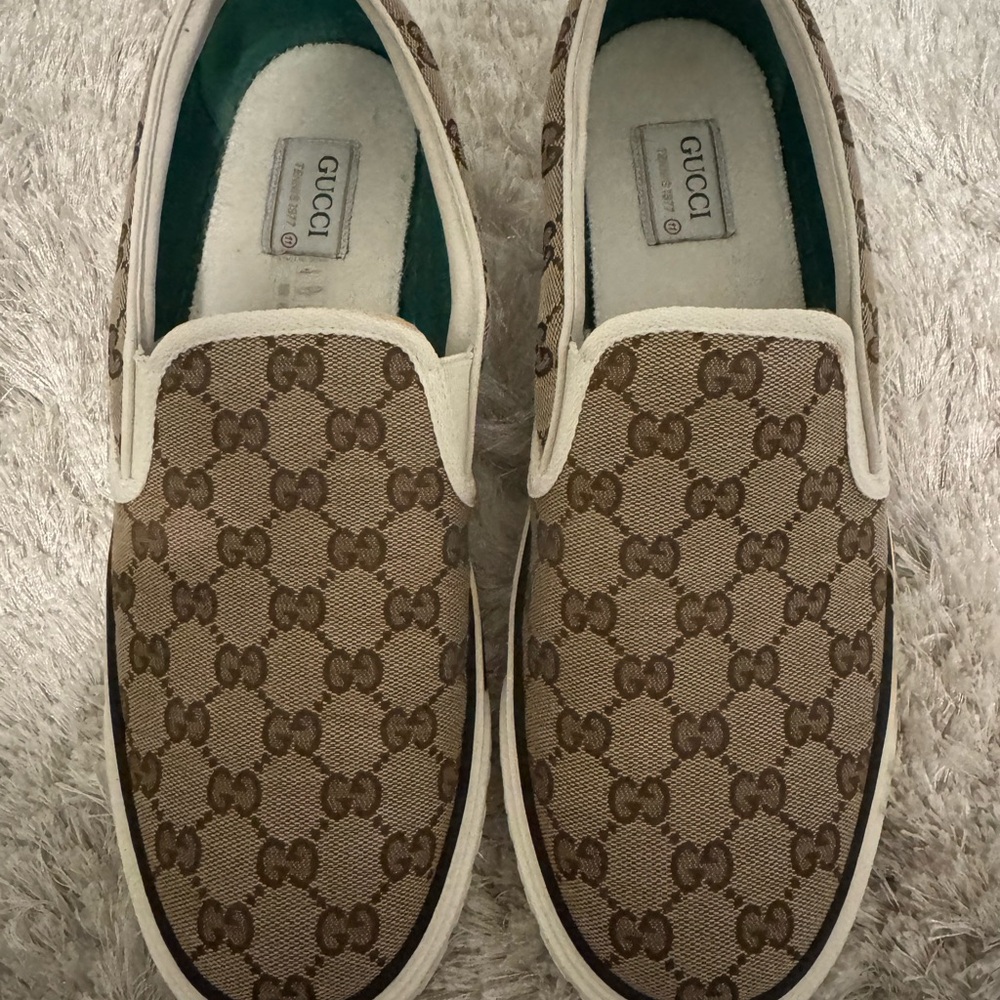Men’s Gucci Beige and Brown Monogram Slip-Ons- excellent condition